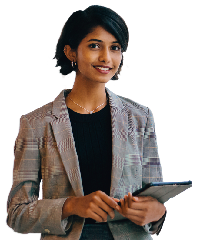 Photograph of smiling young woman with tablet