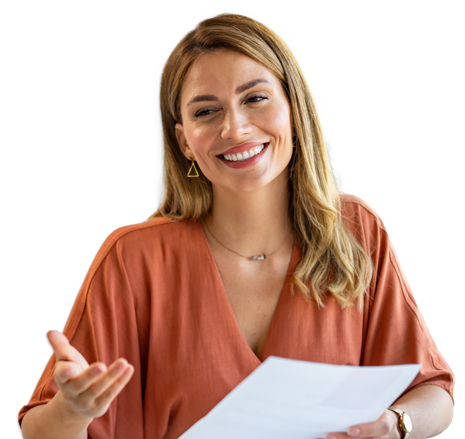 Photograph of smiling blonde woman with document