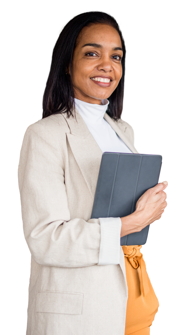 Photograpgh of smiling woman with tablet