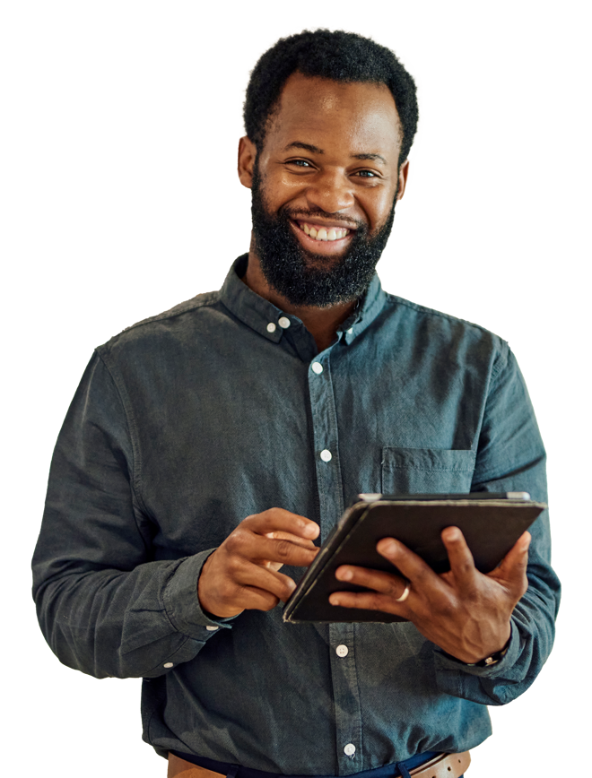 Photograph of smiling bearded man with tablet